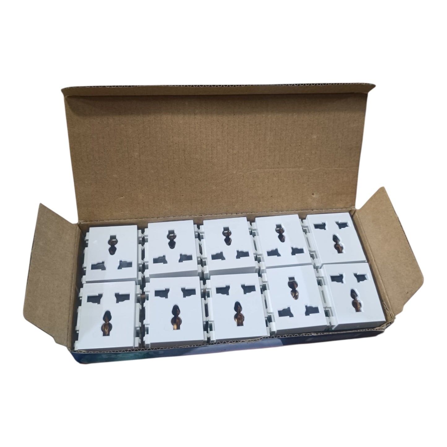 An open brown cardboard box containing multiple small white rectangular items arranged in rows, photographed on a plain white background.