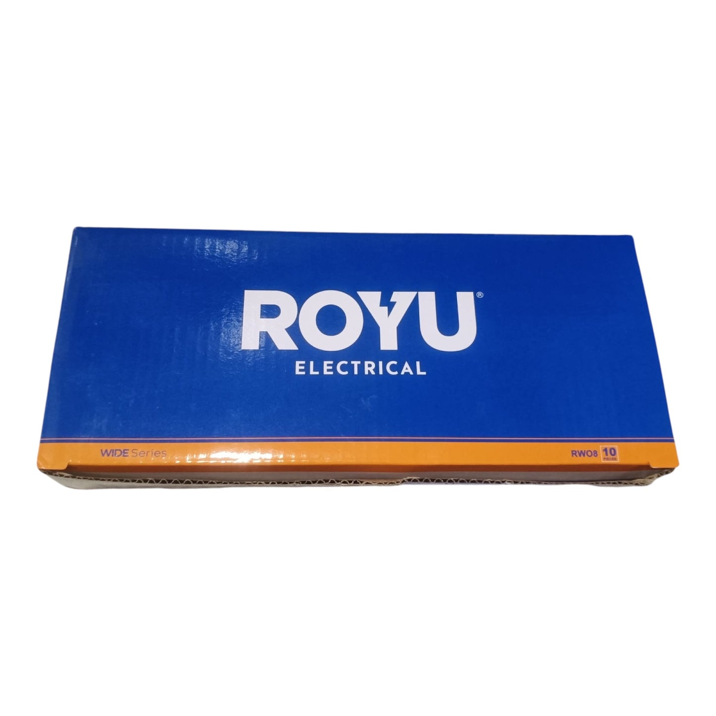 A blue and orange cardboard box for a Royu Electrical wide double socket 10A plug, shown on a plain white background.