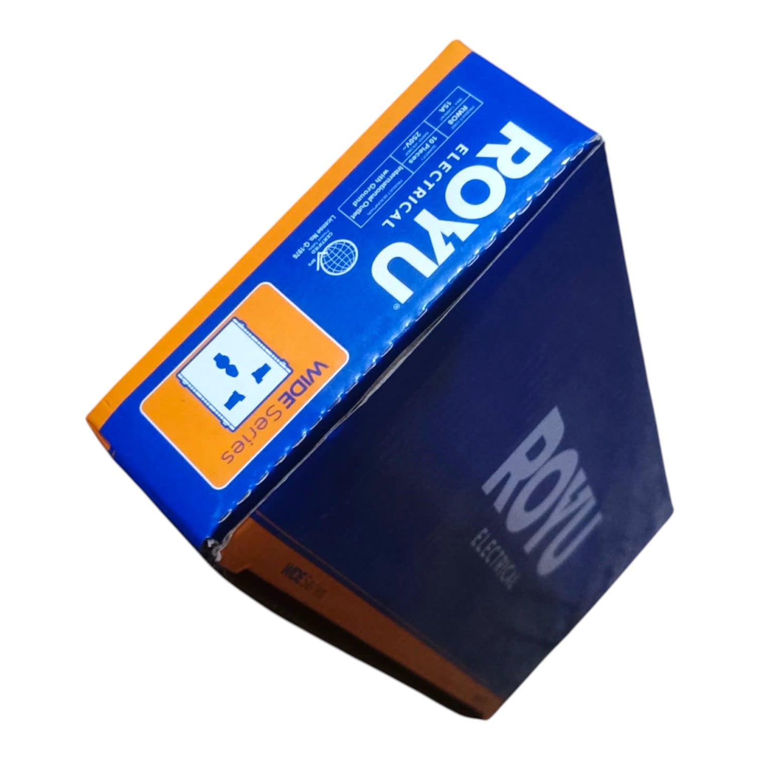 A boxed ROYU Electrical Wide Series product shown at an angle on a plain white background. The packaging is predominantly dark blue with bright orange side panels and large white ROYU branding.