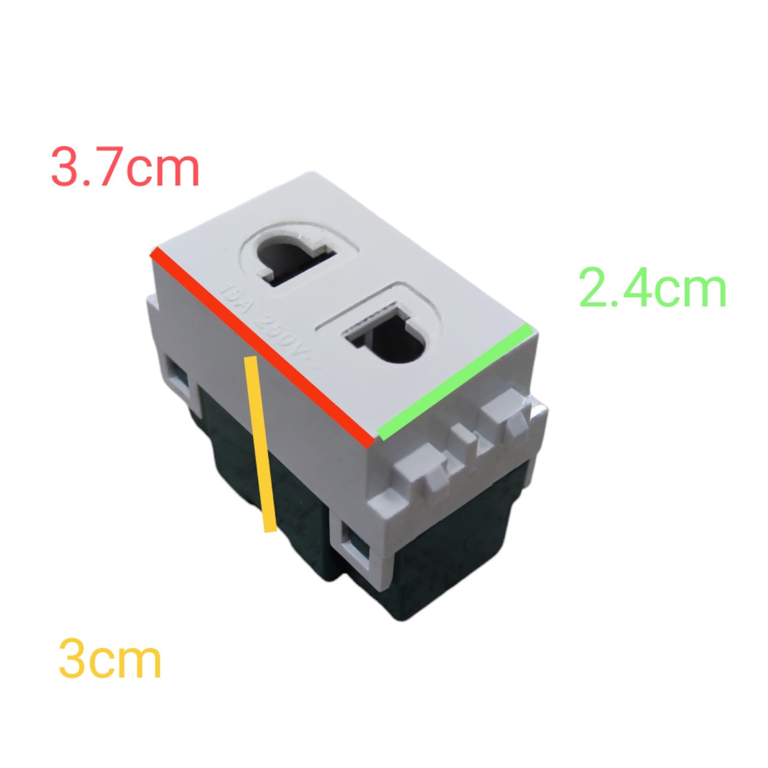 A small gray electrical terminal block or connector shown on a white background with overlaid dimension labels in red, green, yellow, and black text indicating measurements of 3.7 cm, 2.