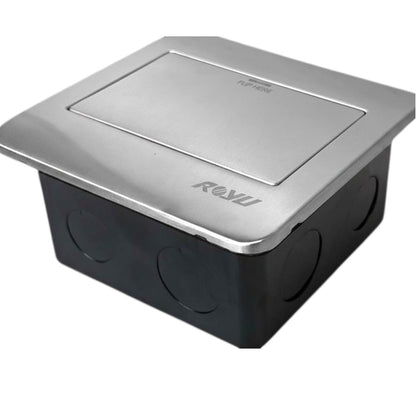 A black plastic electrical junction box with a brushed silver metal top cover, featuring the 'ROVI' brand logo on the front.