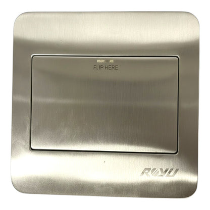 A brushed stainless steel toilet flush lever cover plate with the brand name RINU embossed at the bottom right, set against a plain white background.