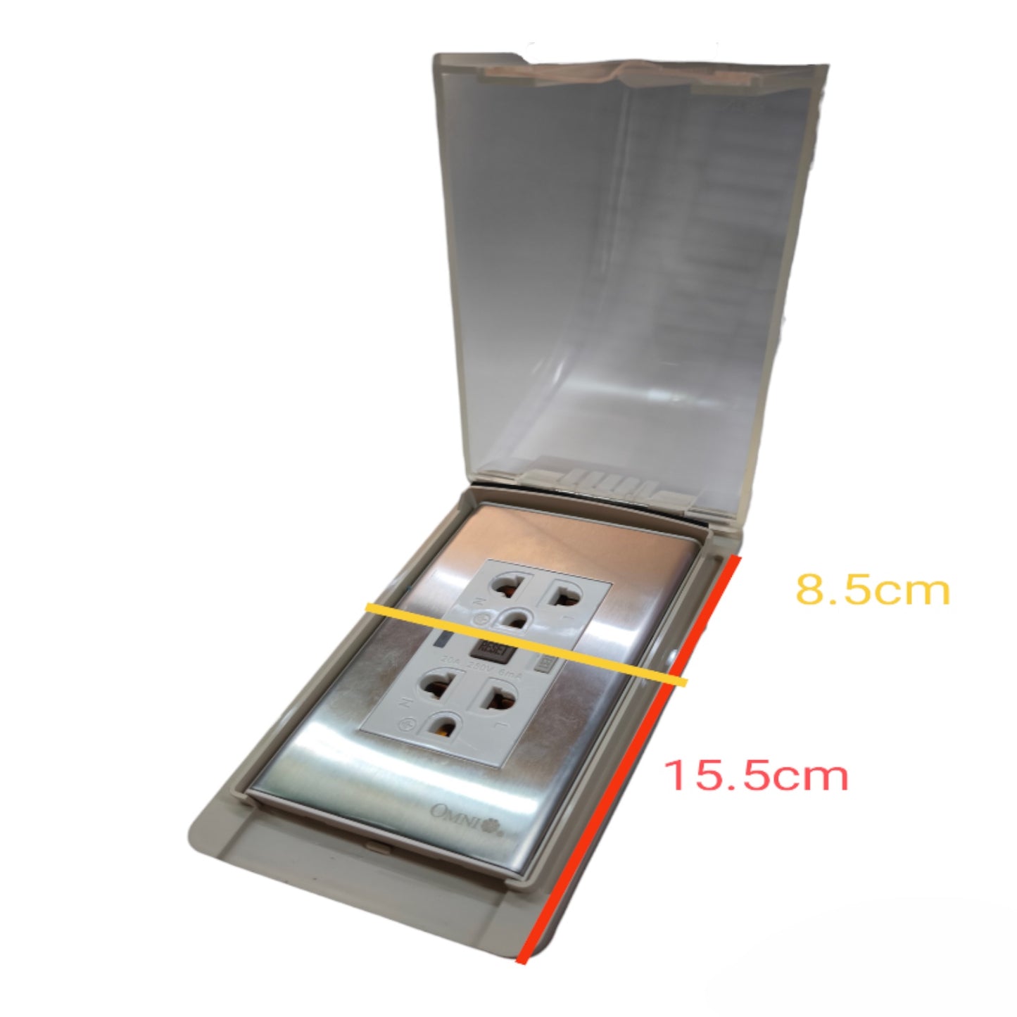 A stainless steel electrical outlet covered by a gray waterproof outdoor cover with a hinged lid, shown on a white background with yellow and red dimension lines indicating 8.5cm and 15.