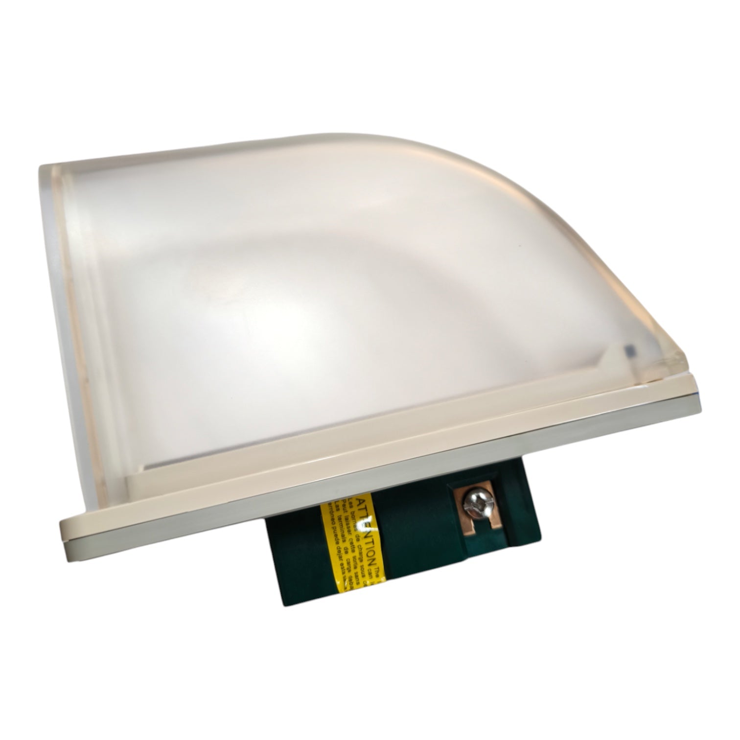 A square LED light fixture with a frosted translucent dome cover, a beige metal frame, and a green circuit board visible at the bottom with a yellow warning label.