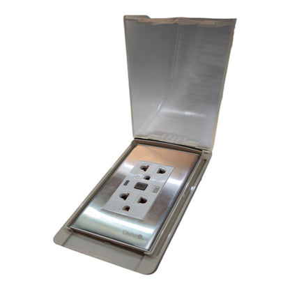 A stainless steel marine electrical outlet cover with a built-in GFCI outlet, shown open against a white background.
