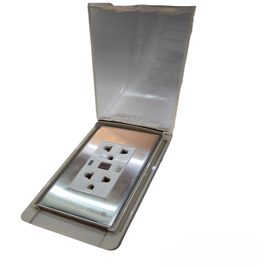 Metallic electrical outlet cover with a visible brand logo on a white background