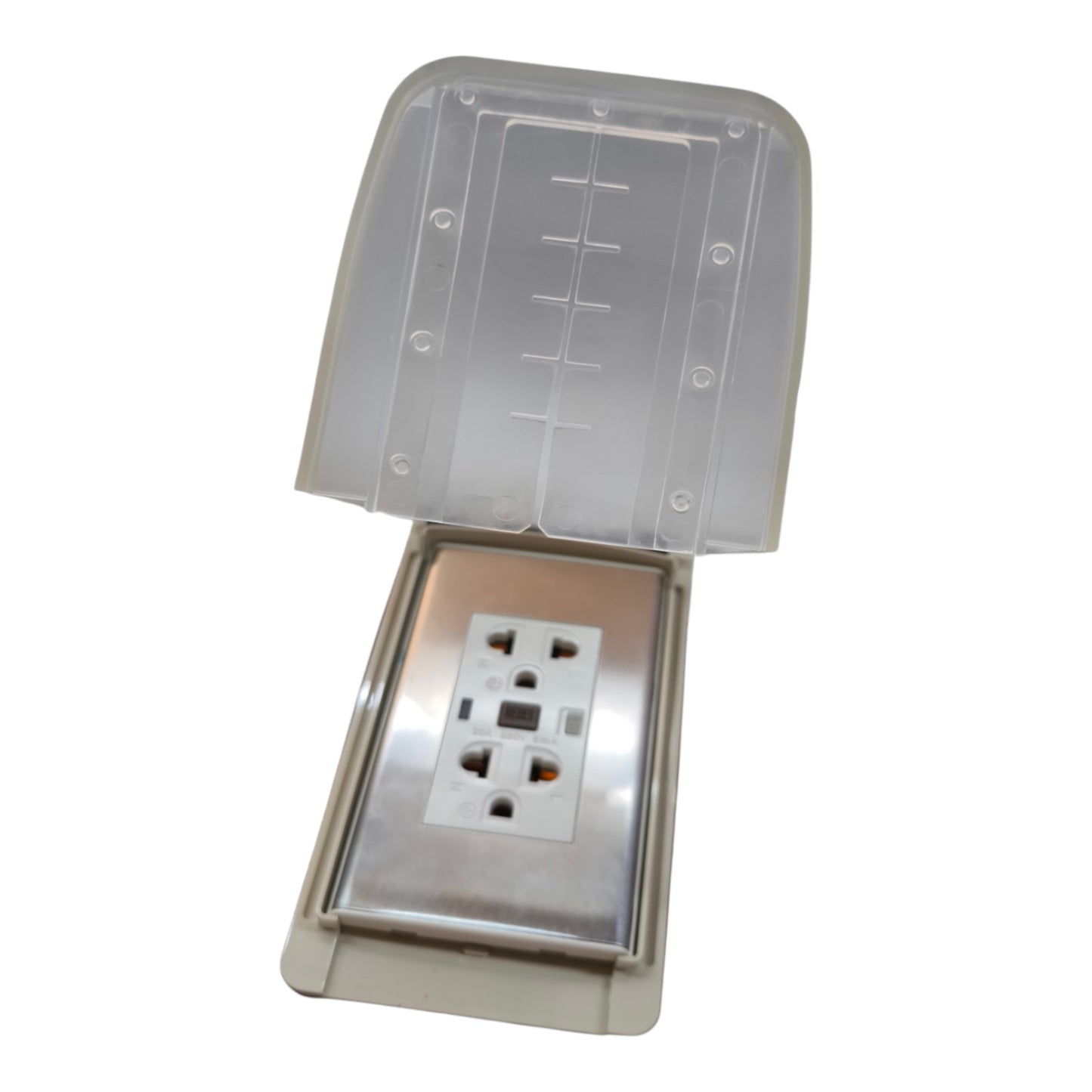 A waterproof outdoor outlet cover with a clear plastic rain cap and a stainless steel outlet cover plate, shown open on a white background.