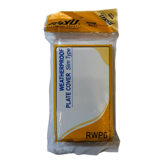 A packaged white rectangular weatherproof plate cover with yellow border details, sealed in clear plastic with a yellow header card. The text on the package reads 'WEATHERPROOF PLATE COVER Slim Type' and 'RWP6'.