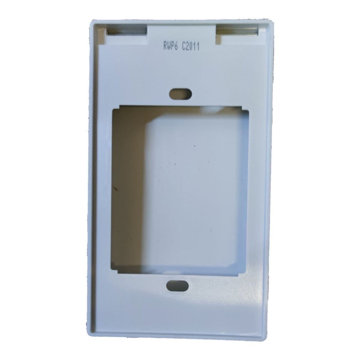 A white plastic electrical outlet cover plate frame, shown from the front against a plain white background.
