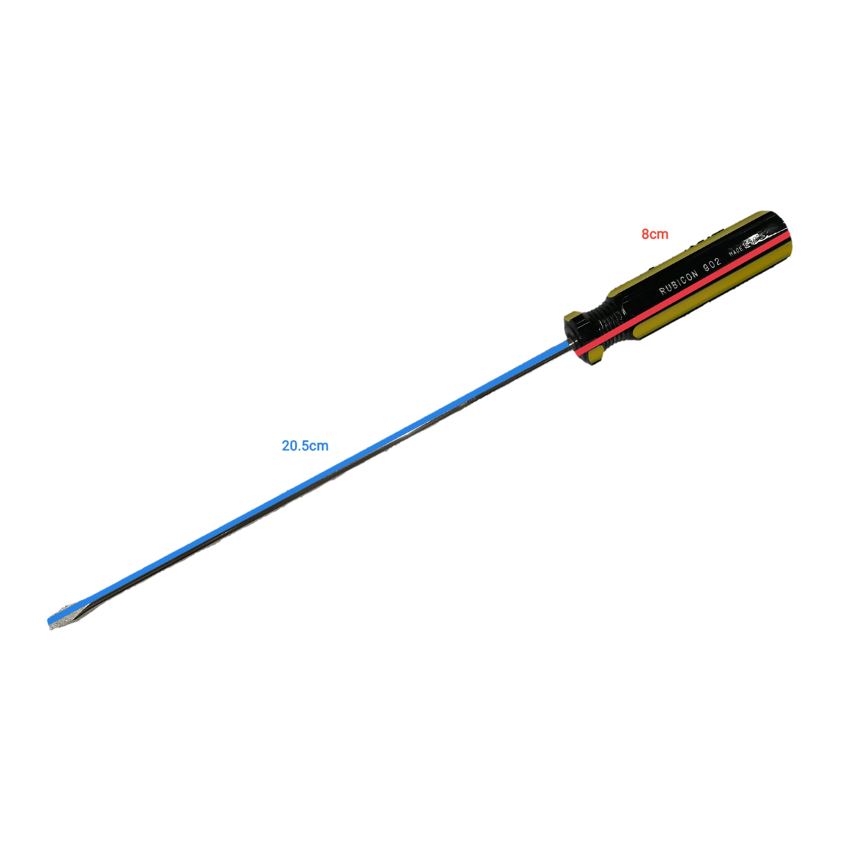 Rubicon 8 Inch Flat Head Screw Driver 902 with black yellow and red handle and long metal shaft