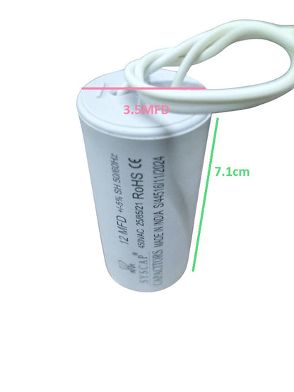 Syscap 12uF 450V motor running capacitor with white casing and connecting wires for electrical applications