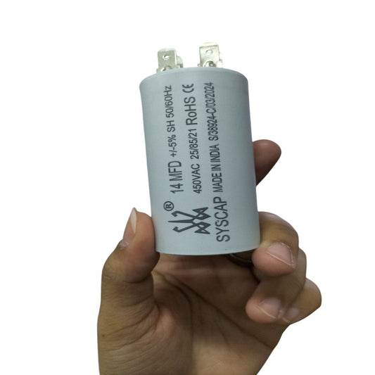 SYSCAP 14uF 450V AC motor running capacitor, front view