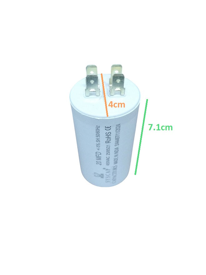 20uF 450V motor running capacitor with dimensions 4cm width and 7.1cm height for electrical applications