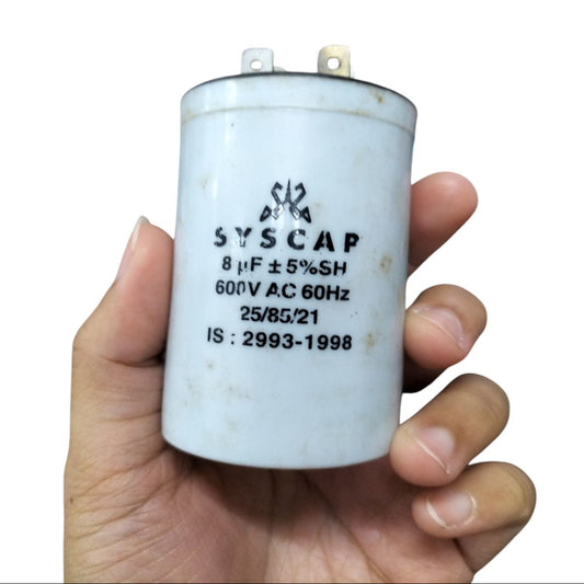 SYSCAP motor running capacitor 8MFD 600V AC white cylindrical electrical part held in hand