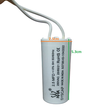 Syscap 250V AC motor running capacitor with dimensions 2.5cm x 5.3cm for electrical applications