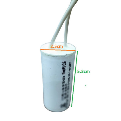 Syscap Motor Running Capacitor 2MFD in white with dimensions for electrical applications