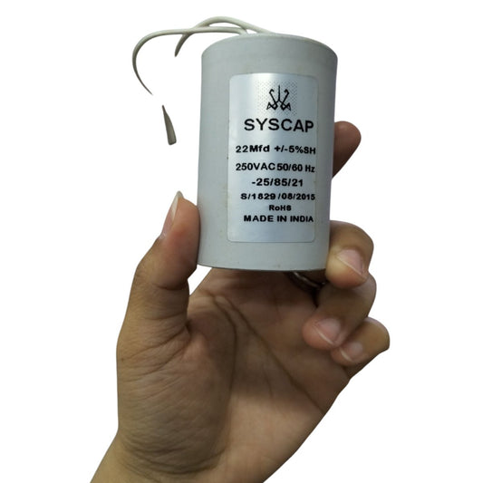 Syscap motor capacitor 22uF for electrical circuits, rated 250VAC 50/60Hz