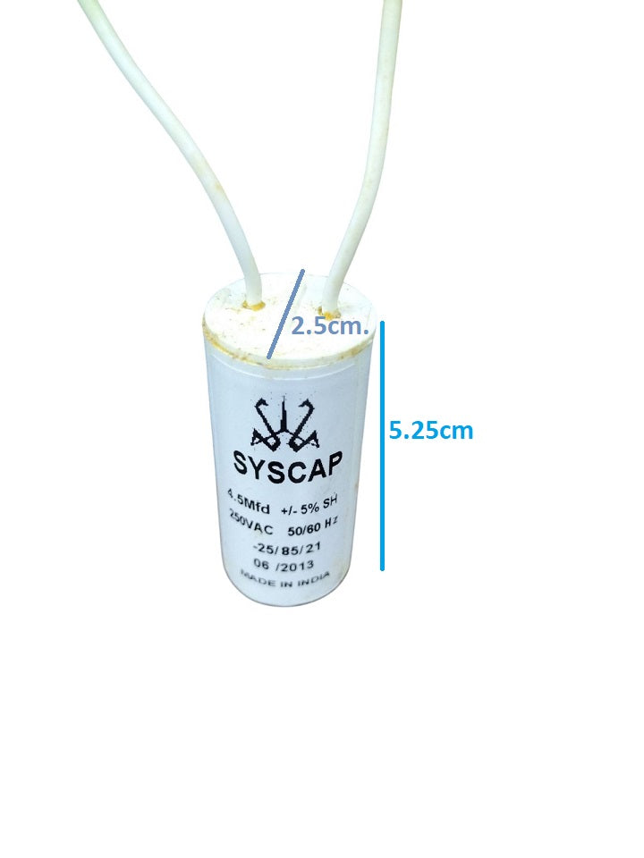 Syscap Motor Running Capacitor 250V AC with 4.5µF rating and two connecting wires for electrical applications