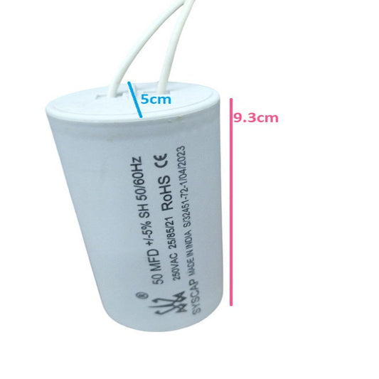 Syscap motor capacitor 50MFD white cylindrical electrical component with wire leads and measurement markings