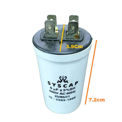 Syscap Motor Capacitor rated at 6 µF for AC applications with dimensions of 3.9 cm by 7.2 cm