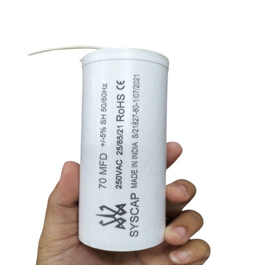 Syscap 70MFD 250V motor capacitor in white casing for electrical applications