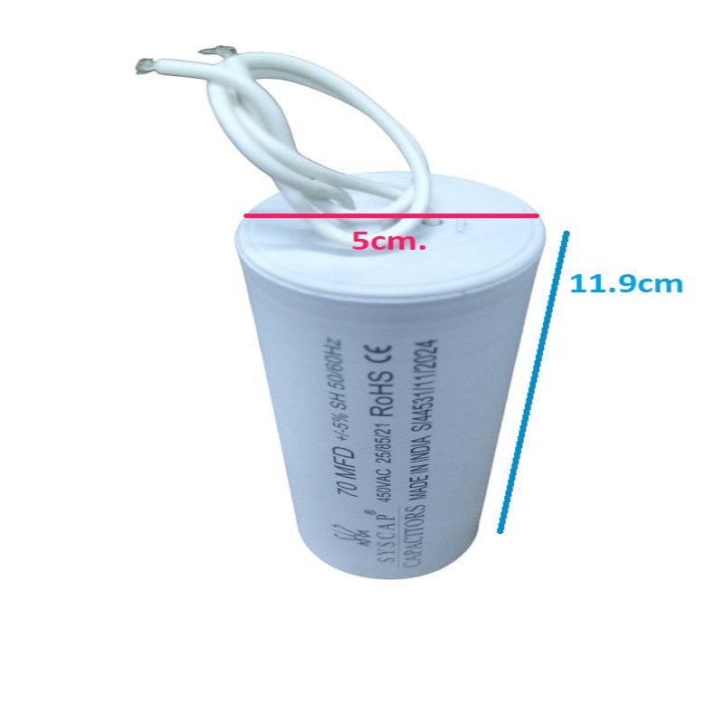 SYSCAP Motor Running Capacitor 70MFD 450V AC cylindrical white capacitors with attached wires
