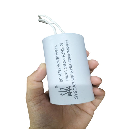 SYSCAP Motor Running capacitor 80Mfd 250V AC held in hand for electrical circuitry and parts