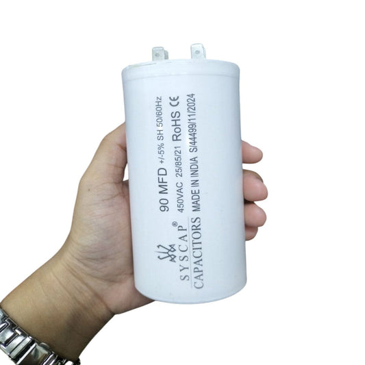 SYSCAP Motor Running Capacitor 90MFD 450V AC held in hand for electrical circuitry and parts