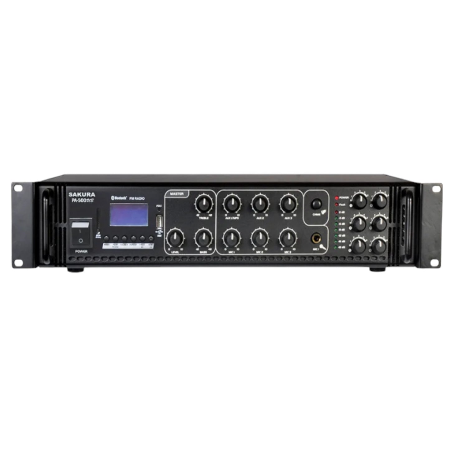 Sakura 500W Public Address Amplifier 220V PA 500 UB Bluetooth USB/SD Port Fm Tuner Build in Chime 3 Microphone Input 6 Individual Zone Control