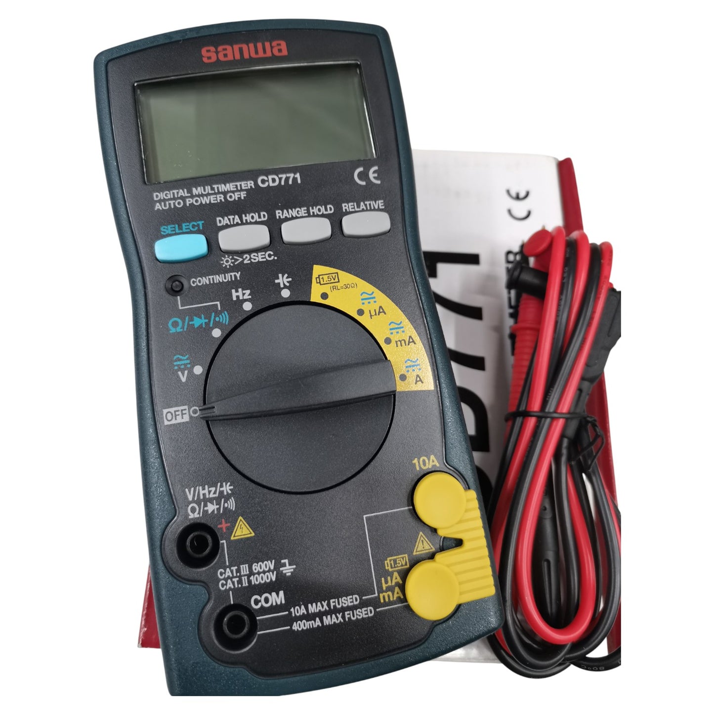 Digital multimeter with cables on a white background Sanwa CD771 Digital Tester 4000 Count Multimeter Range 1000V AC or DC 10A AC or DC 100uf Capacitance Made in Japan Available in Electx ELectrical SUpply
