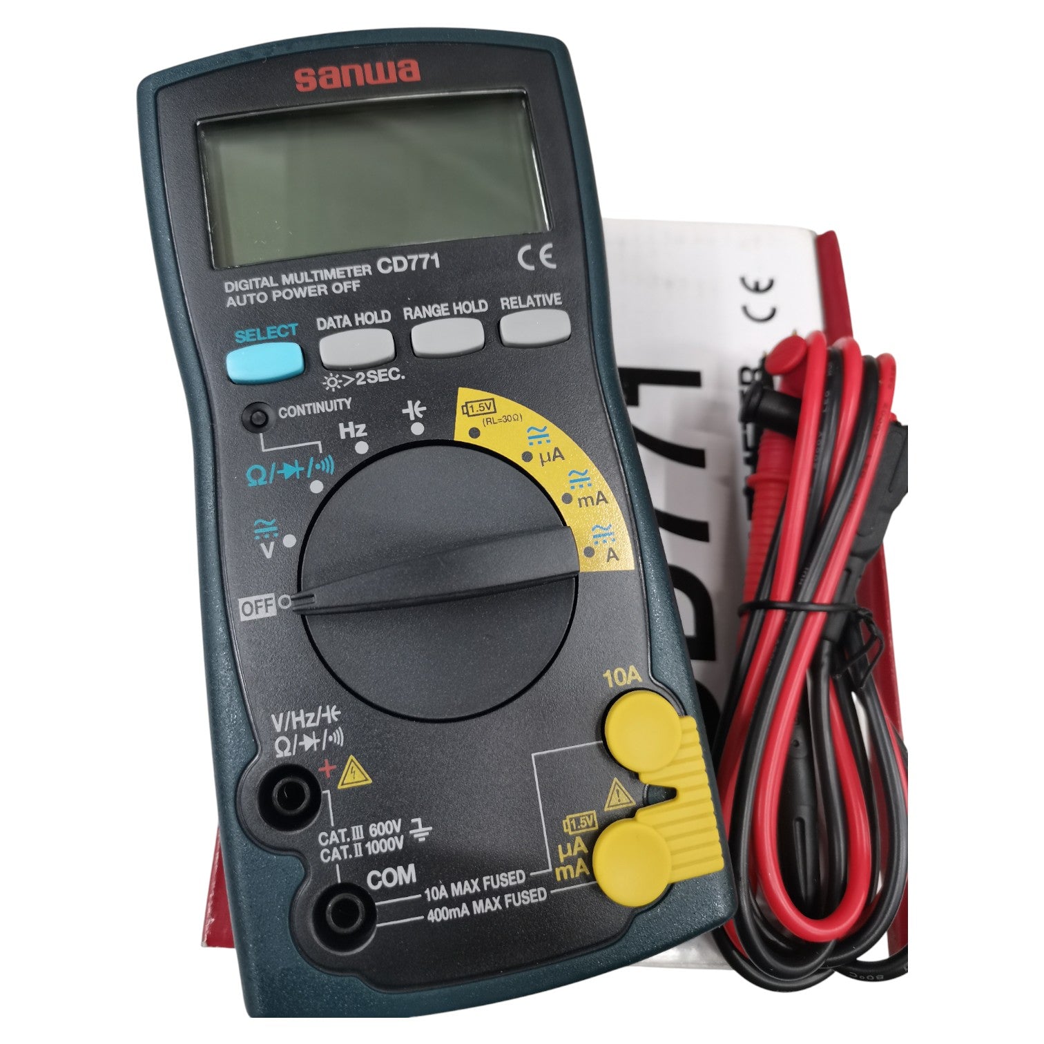 Digital multimeter with cables on a white background Sanwa CD771 Digital Tester 4000 Count Multimeter Range 1000V AC or DC 10A AC or DC 100uf Capacitance Made in Japan Available in Electx ELectrical SUpply