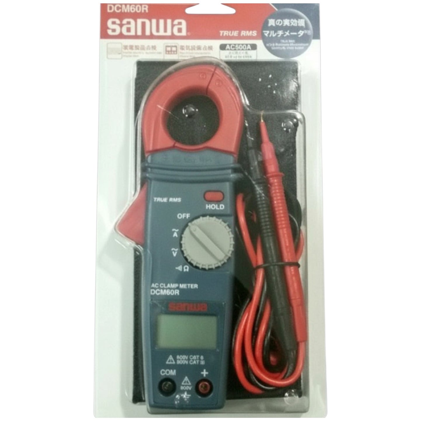 Sanwa DCM60R AC clamp meter in packaging on a white background Sanwa DCM60R Digital Clamp Tester True RMS Range 600A AC 600V AC Made In Japan Electx Electrical SUpply