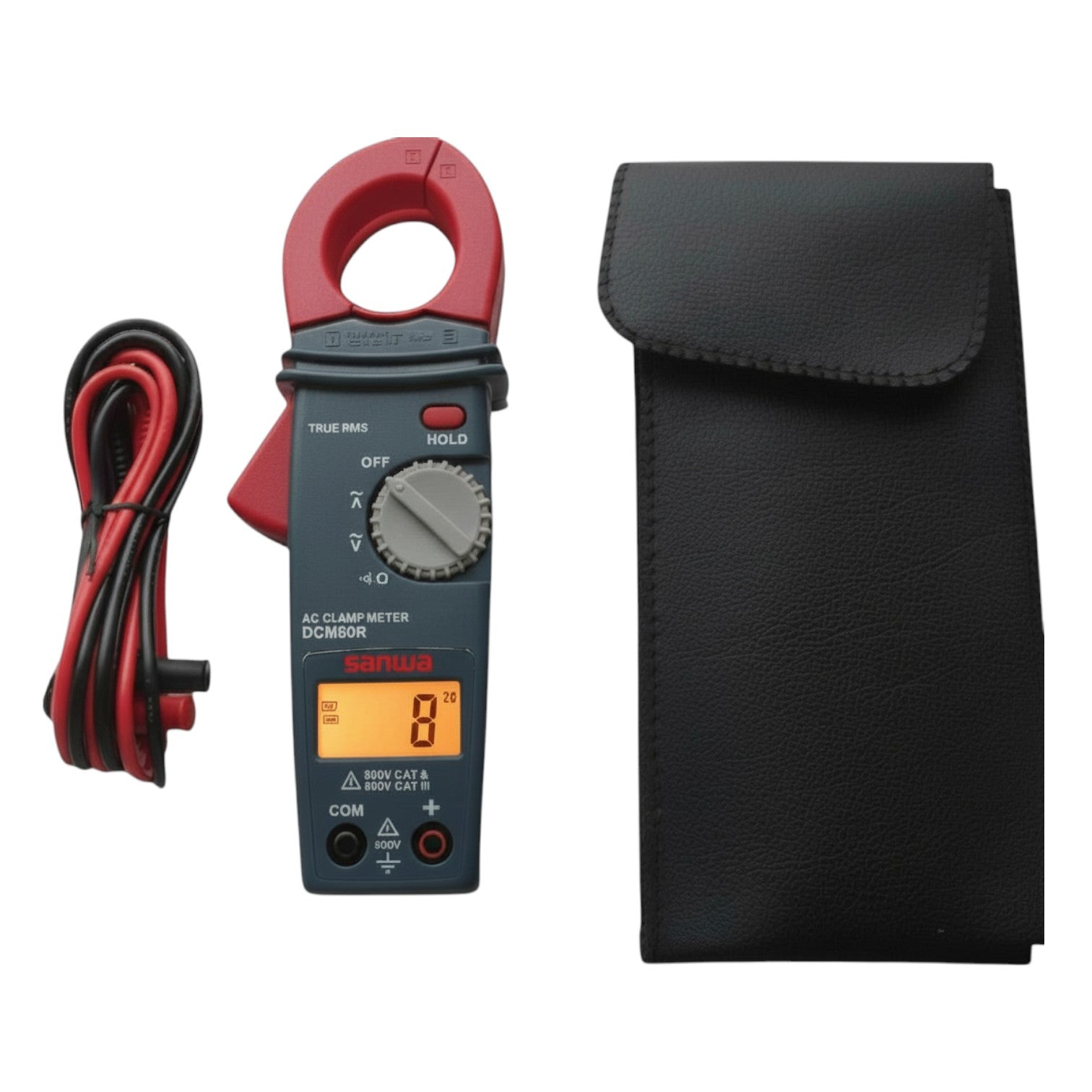 AC clamp meter with black carrying case on a white background Sanwa DCM60R Digital Clamp Tester True RMS Range 600A AC 600V AC Made In Japan Electx Electrical SUpply