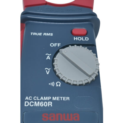 AC clamp meter DCM60R with red and blue color scheme on a white  Sanwa DCM60R Digital Clamp Tester True RMS Range 600A AC 600V AC Made In Japan Electx Electrical SUpplybackground