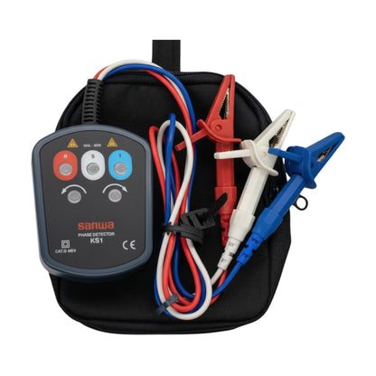 Sanwa phase detector K51 with test leads and clamps on a white  Sanwa Phase Detector KS1 3-Phase Sequence Tester Electx Electrical Supplybackground