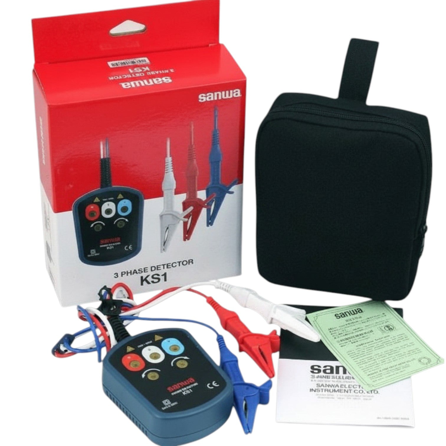 Sanwa 3 Phase Detector KS1 with packaging, case, and accessories on a white background Sanwa Phase Detector KS1 3-Phase Sequence Tester Electx Electrical Supply
