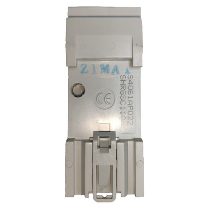 Metallic electrical component with branding and certification marks on a white background