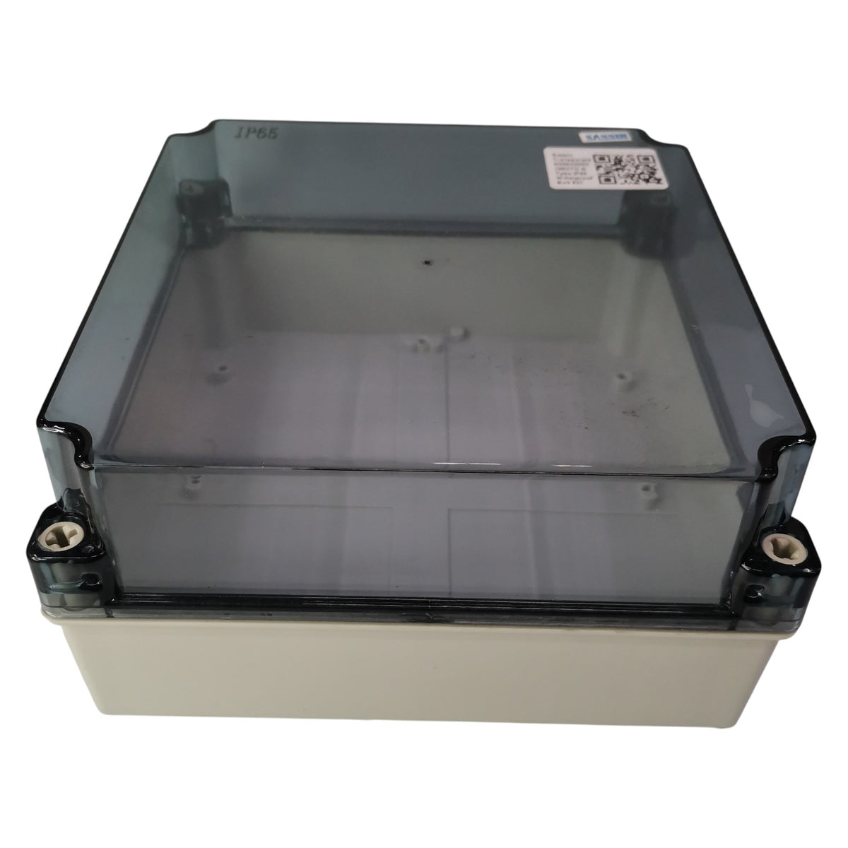 Clear plastic box with a beige base on a white background
