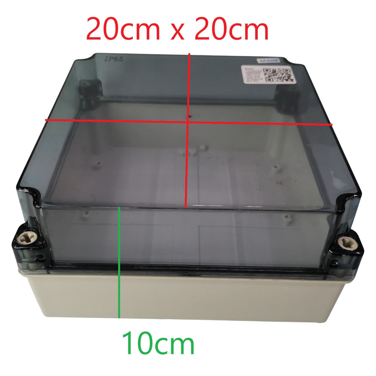 Clear plastic box with dimensions labeled on a white background