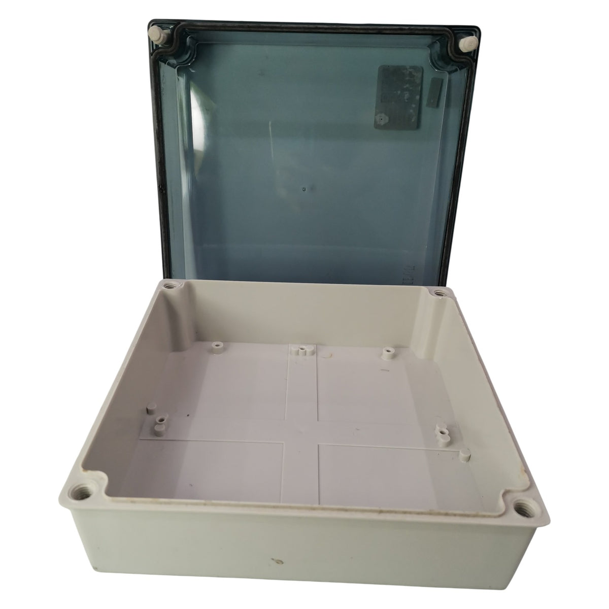Plastic enclosure box with clear top cover on a white background