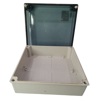 Plastic enclosure box with clear top cover on a white background