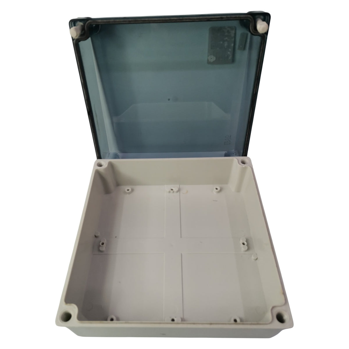 Plastic enclosure with clear top cover on a white background