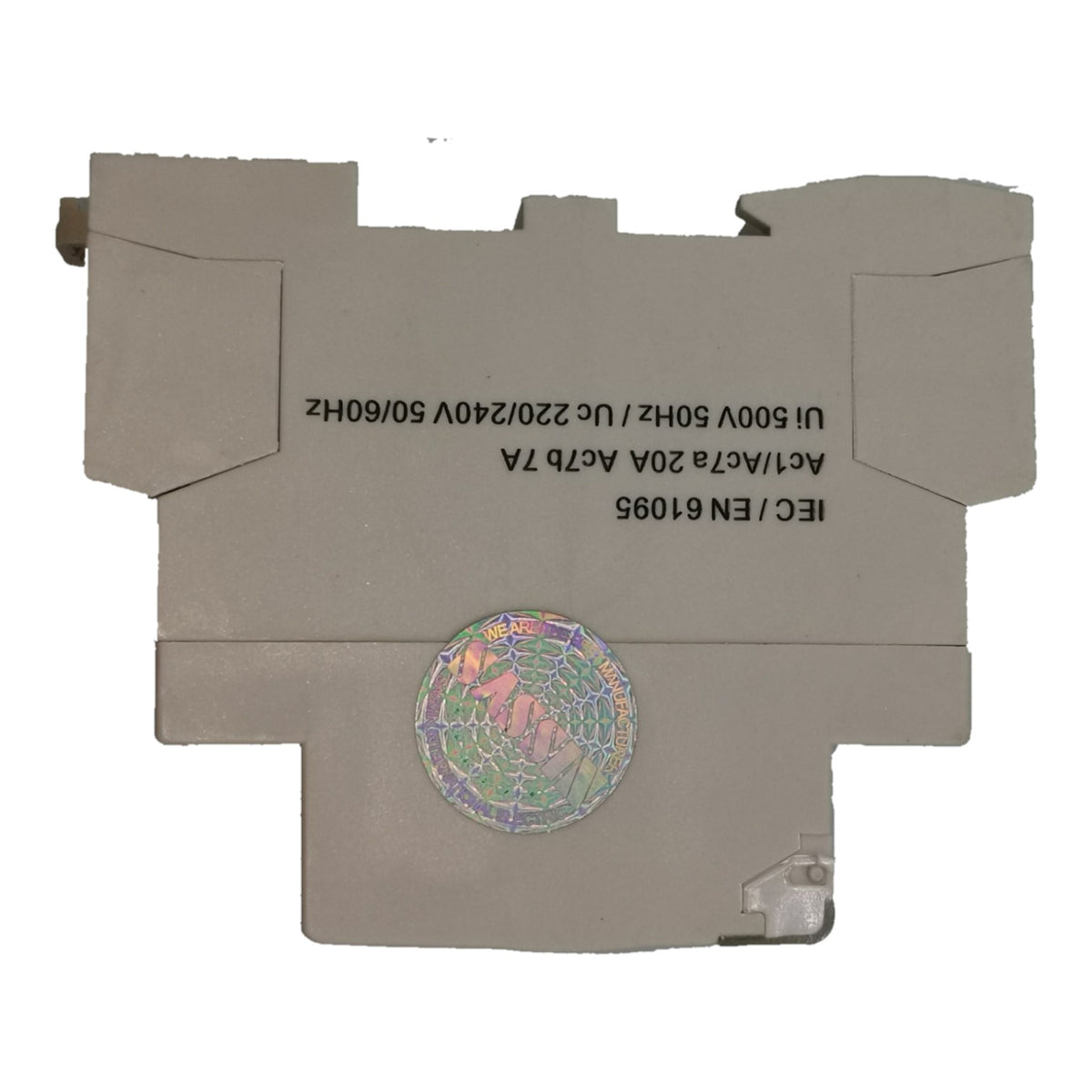 A replacement battery for electronic devices, featuring a gray plastic casing with black printed specifications and a holographic security sticker on the front, set against a plain white background.