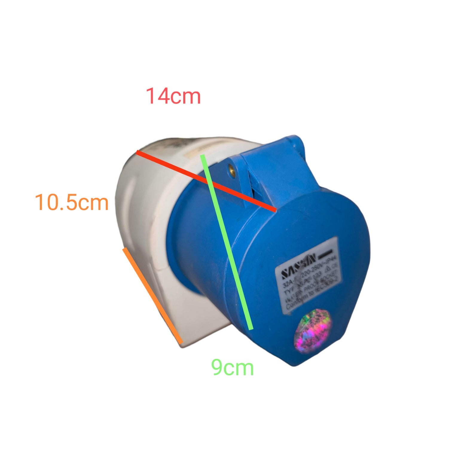 Blue tape dispenser with measurements on a white background
