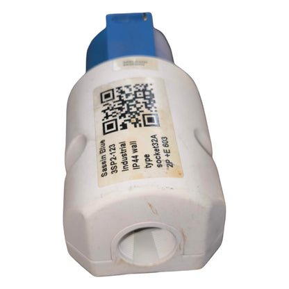 White device with blue top and QR code label on a white background