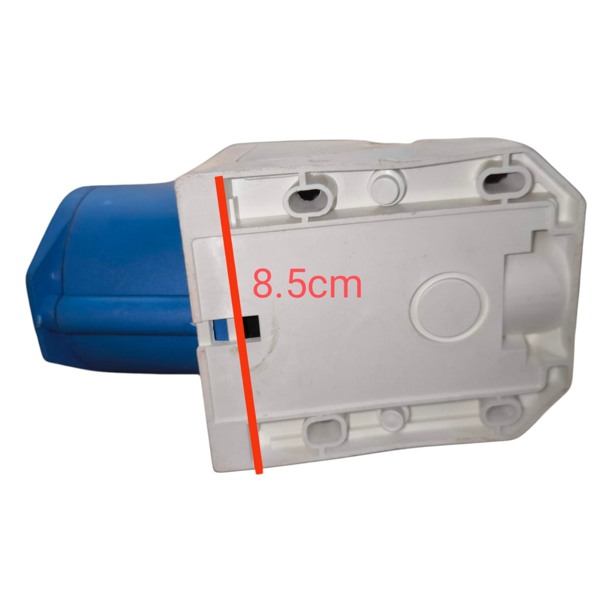 Plastic electrical box with blue component and measurement label on a white background