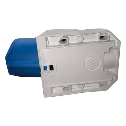 White electrical junction box with blue connector on a white background