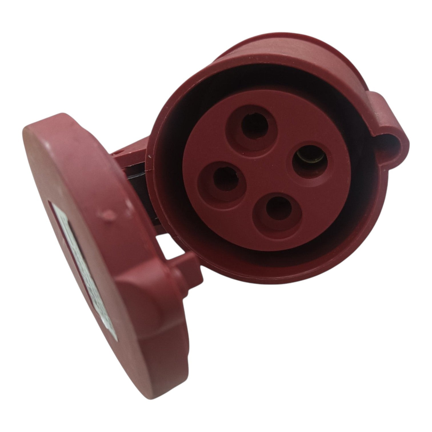 Red electrical plug on a white background