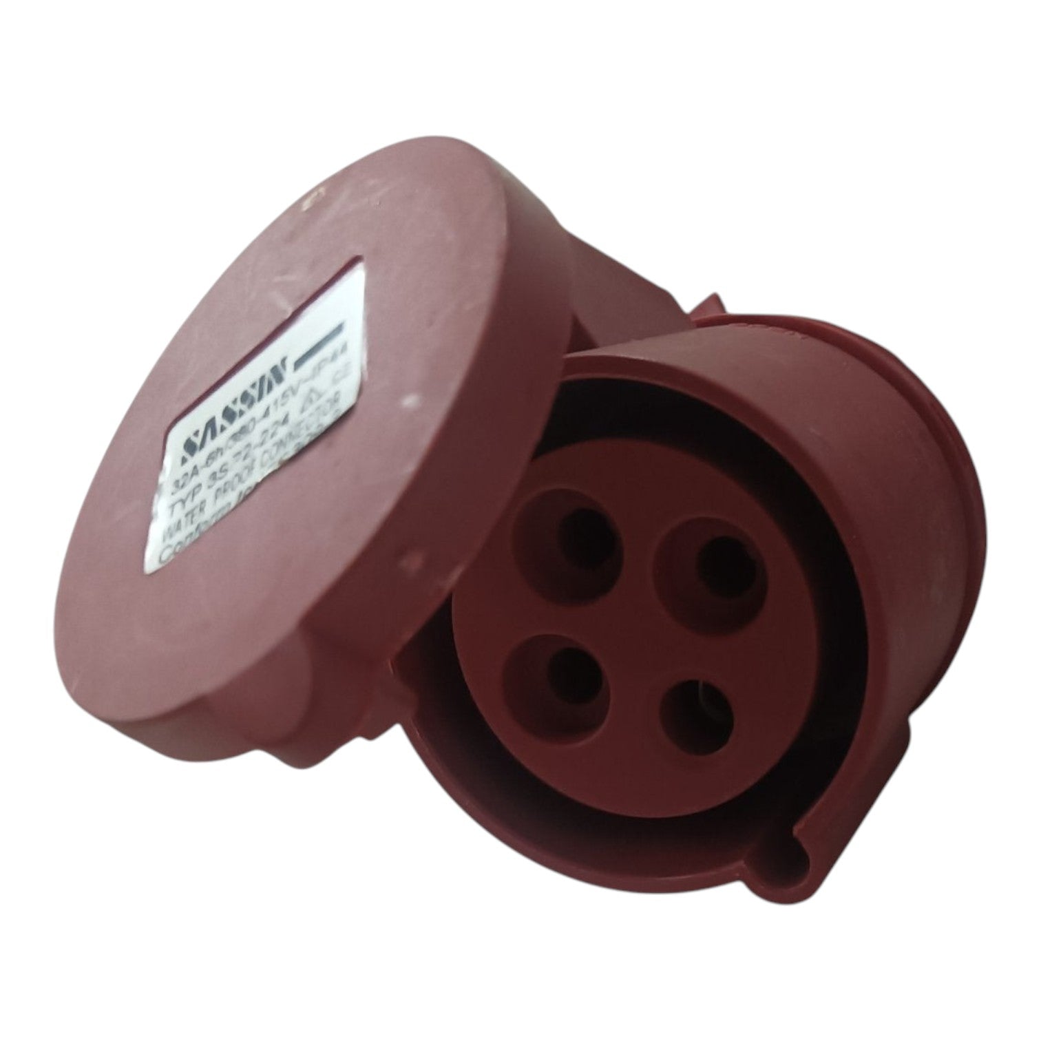 Red electrical connector with a visible brand label on a white background