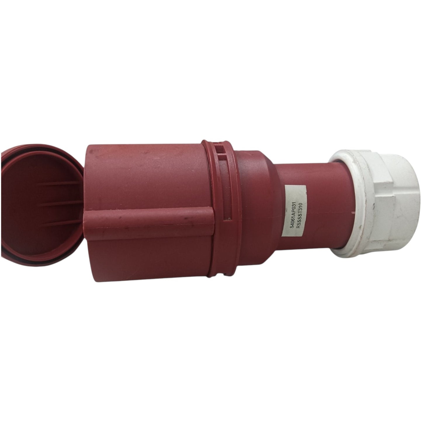 Red and white plastic component on a white background